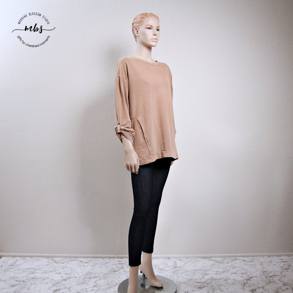 Soft Surroundings‎ Roll Up Sleeve Round Neck Zipper Back Cotton Blend Sweatshirt